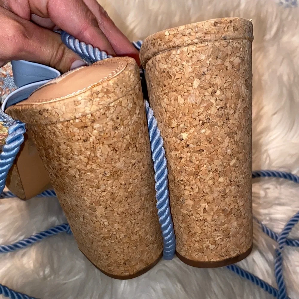 Steve Madden Light Blue Floral Embroidered Cork Platform Sandals